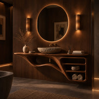 Floating bathroom vanity with a flowing base and three open shelves in an evening bathroom with walnut wall paneling