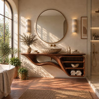 Floating bathroom vanity with a flowing base and three open shelves in a bright bathroom with arched windows and plants