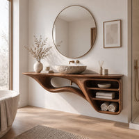 Floating bathroom vanity with a flowing base and three open shelves in a Scandinavian bathroom with white walls