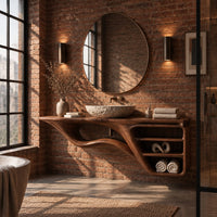 Floating bathroom vanity with a flowing base and three open shelves in an industrial loft bathroom with exposed brick