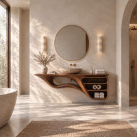 Floating bathroom vanity with a flowing base and three open shelves in a bright open plan bathroom