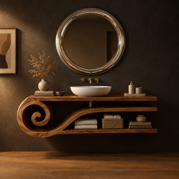 Floating Spiral Scroll Bathroom Vanity With Open Shelves