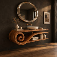 Floating wooden bathroom vanity with a spiral scroll end and open shelves, three-quarter view showing the grain