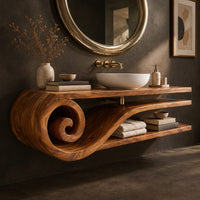 Corner detail of floating wooden bathroom vanity with a spiral scroll end and open shelves beside wood, brass and linen samples