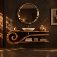 Floating wooden bathroom vanity with a spiral scroll end and open shelves in a dark bathroom at golden hour
