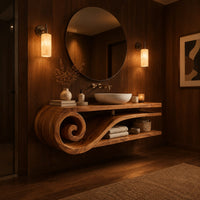Floating wooden bathroom vanity with a spiral scroll end and open shelves in an evening bathroom with walnut wall paneling