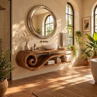 Floating wooden bathroom vanity with a spiral scroll end and open shelves in a bright bathroom with arched windows and plants