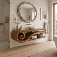 Floating wooden bathroom vanity with a spiral scroll end and open shelves in a Scandinavian bathroom with white walls