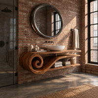 Floating wooden bathroom vanity with a spiral scroll end and open shelves in an industrial loft bathroom with exposed brick