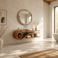 Floating wooden bathroom vanity with a spiral scroll end and open shelves in a bright open plan bathroom