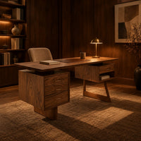 Desk with a floating top over two raised drawer cabinets in an evening home office with walnut wall paneling