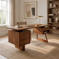 Desk with a floating top over two raised drawer cabinets in a Scandinavian home office with white walls