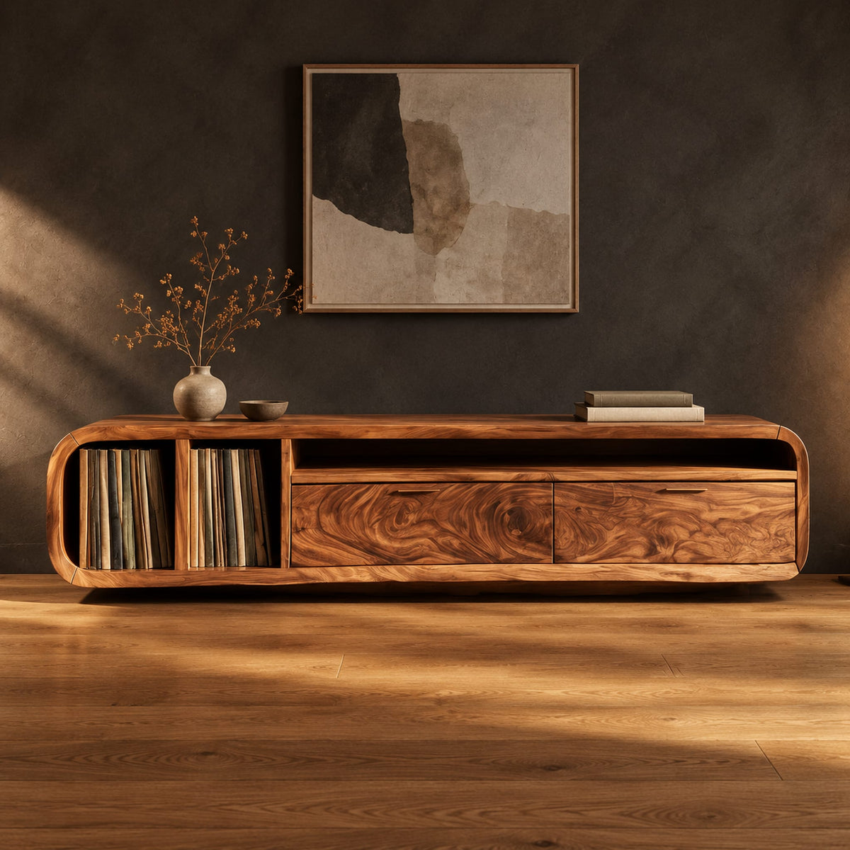 Low floating tv stand with open vinyl slots and two wide front panels in a dark studio against a charcoal plaster wall