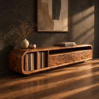 Low floating tv stand with open vinyl slots and two wide front panels, three-quarter view showing the grain