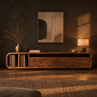 Low floating tv stand with open vinyl slots and two wide front panels in a dark living room at golden hour