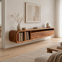 Low floating tv stand with open vinyl slots and two wide front panels in a Scandinavian living room with white walls