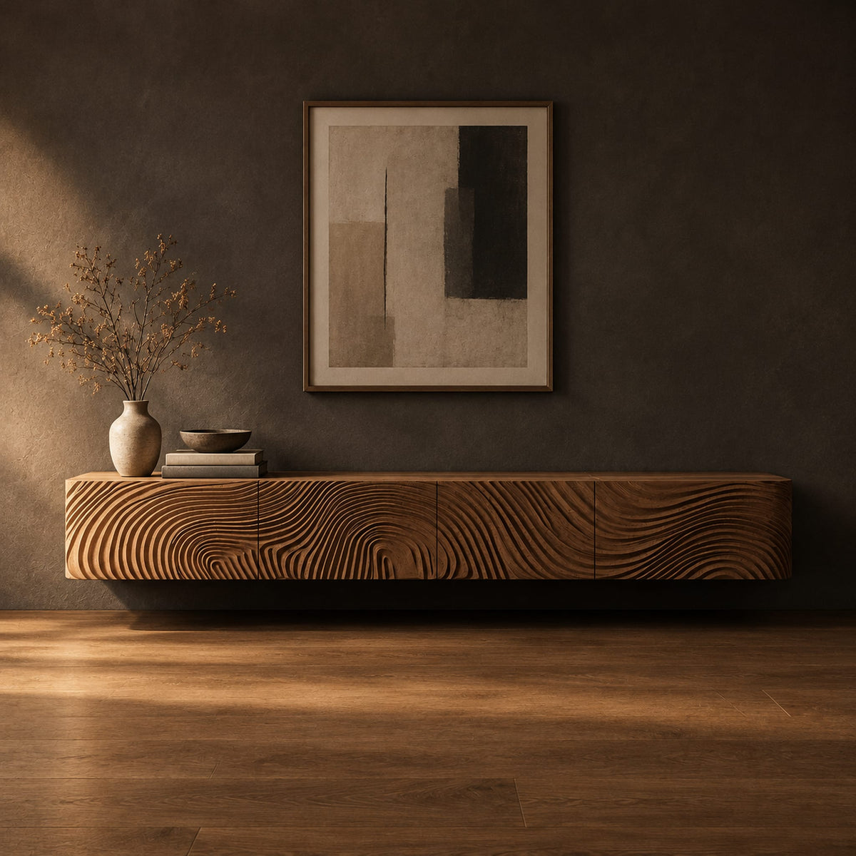 Floating tv stand with swirling tree ring carved fronts in a dark studio against a charcoal plaster wall