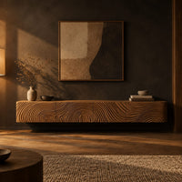 Floating tv stand with swirling tree ring carved fronts in a dark living room at golden hour