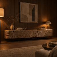 Floating tv stand with swirling tree ring carved fronts in an evening living room with walnut wall paneling