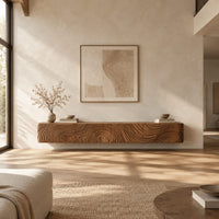 Floating tv stand with swirling tree ring carved fronts in a bright open plan living room