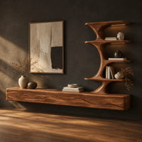 Floating media stand with wave carved fronts and a sculptural tiered shelf tower, three-quarter view showing the grain