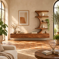 Floating media stand with wave carved fronts and a sculptural tiered shelf tower in a bright living room with arched windows and plants