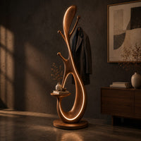 Floor lamp with an open loop body, short pegs and a small side tray, three-quarter view showing the grain
