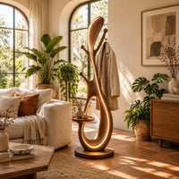 Floor lamp with an open loop body, short pegs and a small side tray in a bright living room with arched windows and plants