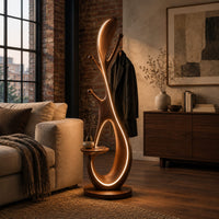 Floor lamp with an open loop body, short pegs and a small side tray in an industrial loft living room with exposed brick