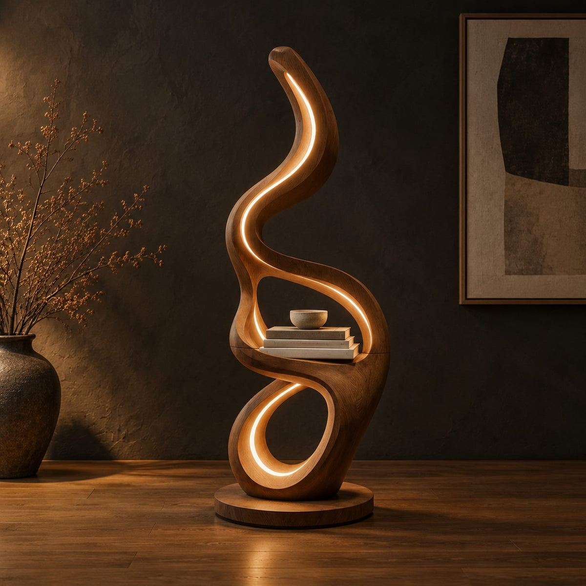 Floor lamp with serpentine loops and a small flat ledge in a dark studio against a charcoal plaster wall