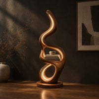 Floor lamp with serpentine loops and a small flat ledge, three-quarter view showing the grain