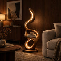 Floor lamp with serpentine loops and a small flat ledge in an evening living room with walnut wall paneling