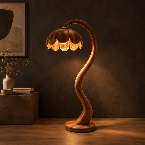 Floor Lamp With Tall Arching Stem And Petal Shaped Shade
