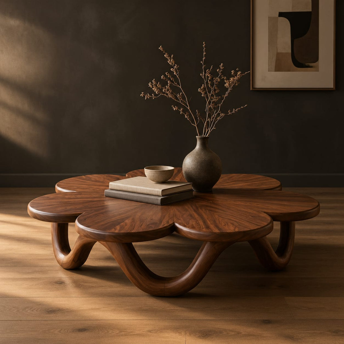 Flower shaped coffee table on a looping wave base in a dark studio against a charcoal plaster wall