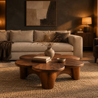 Petal shaped coffee table on thick round legs in a dark living room at golden hour