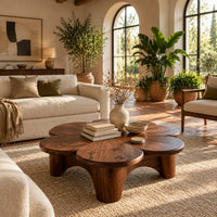 Petal shaped coffee table on thick round legs in a bright living room with arched windows and plants
