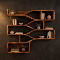 Wall shelf with three stepped tiers of open bays joined by smooth flowing bands in a dark studio against a charcoal plaster wall
