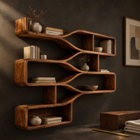 Corner detail of wall shelf with three stepped tiers of open bays joined by smooth flowing bands beside wood, brass and linen samples
