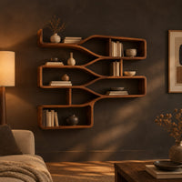 Wall shelf with three stepped tiers of open bays joined by smooth flowing bands in a dark living room at golden hour