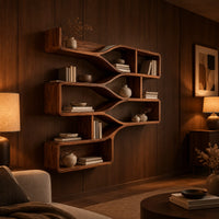 Wall shelf with three stepped tiers of open bays joined by smooth flowing bands in an evening living room with walnut wall paneling