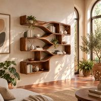 Wall shelf with three stepped tiers of open bays joined by smooth flowing bands in a bright living room with arched windows and plants