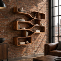 Wall shelf with three stepped tiers of open bays joined by smooth flowing bands in an industrial loft living room with exposed brick