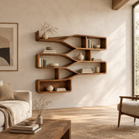 Wall shelf with three stepped tiers of open bays joined by smooth flowing bands in a bright open plan living room