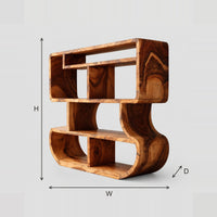 Flowing Bookshelf With Stacked Open Cubbies And Sculpted Sides dimension diagram with width, height and depth