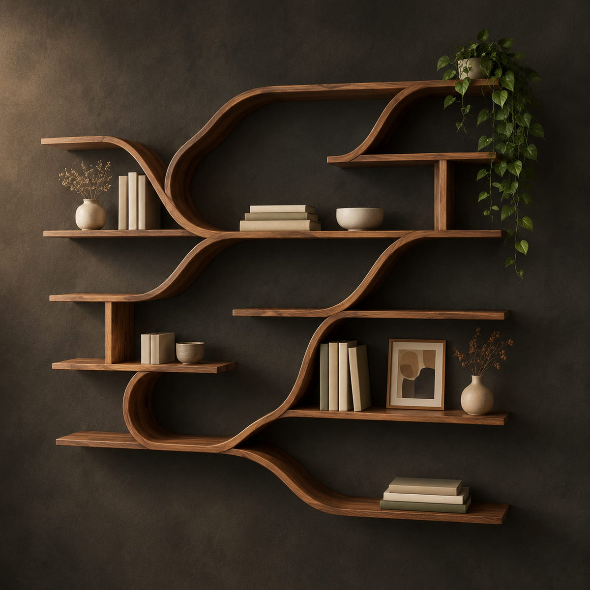 Wall shelf unit with layered plank shelves joined by flowing wave shaped ribbons in a dark studio against a charcoal plaster wall