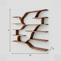 Flowing Branch Shelves With Layered Open Planks And Wave Supports dimension diagram with width, height and depth