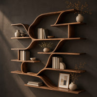 Corner detail of wall shelf unit with layered plank shelves joined by flowing wave shaped ribbons beside wood, brass and linen samples