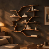Wall shelf unit with layered plank shelves joined by flowing wave shaped ribbons in a dark living room at golden hour
