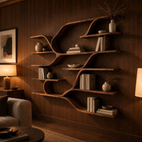 Wall shelf unit with layered plank shelves joined by flowing wave shaped ribbons in an evening living room with walnut wall paneling