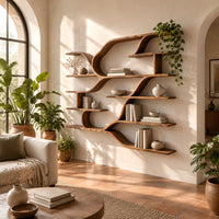 Wall shelf unit with layered plank shelves joined by flowing wave shaped ribbons in a bright living room with arched windows and plants